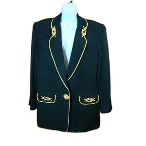 Vintage Solini Women’s Jacket Blazer Sz14 Black Metal Gold Zippers Lined